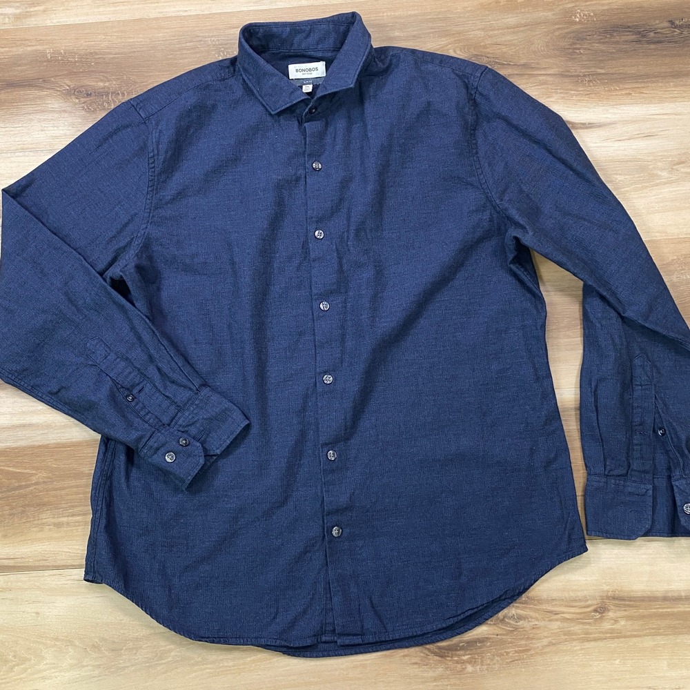 Bonobos Button Up Men XXL Long Slim Fit 100% Linen Herringbone Navy Blue Classic